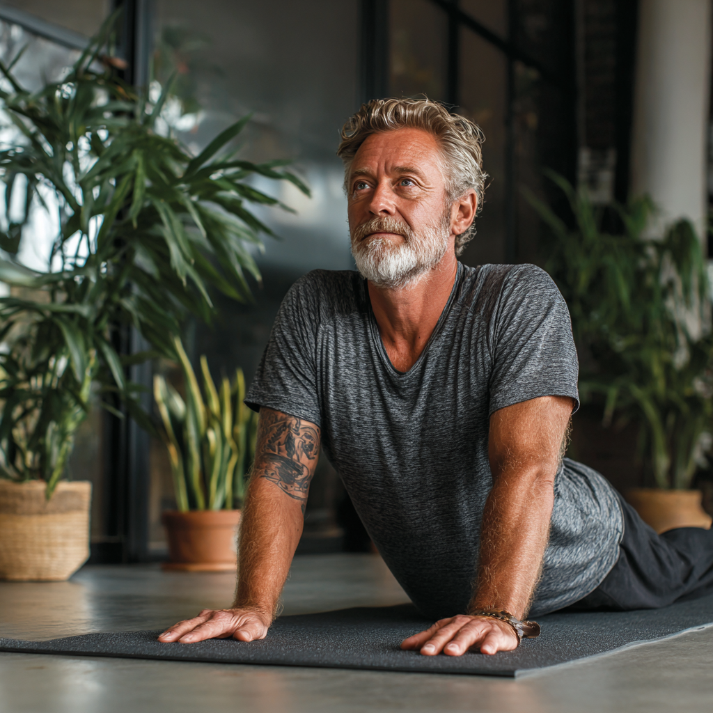 A mature man in his fifties performing stretching exercises on a yoga mat in a bright, well-lit fitness studio with plants in the background, showing focus and determination